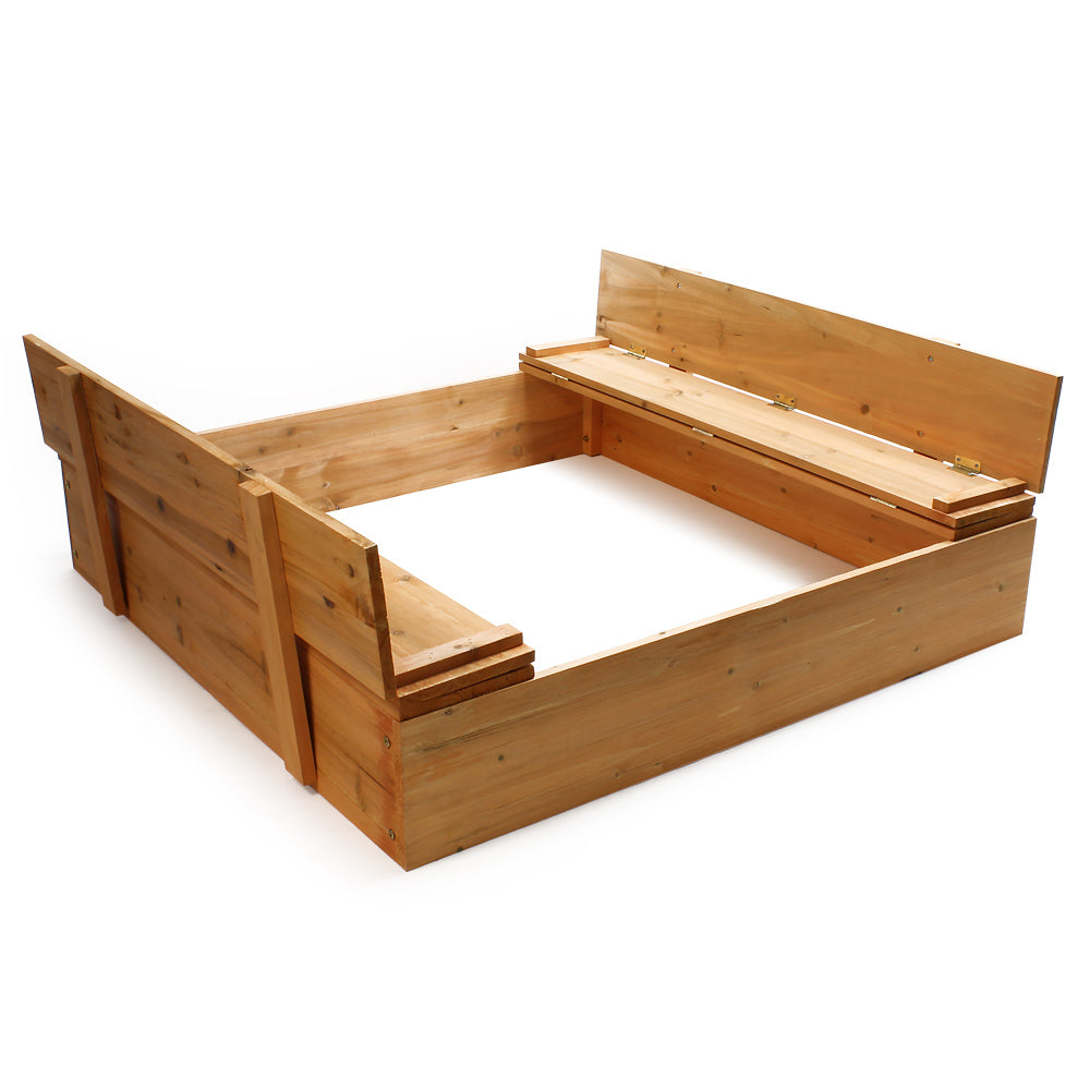 Sabbiera in legno 98x98x18 cm con coperchio ribaltabile e panchine Sabbionaia