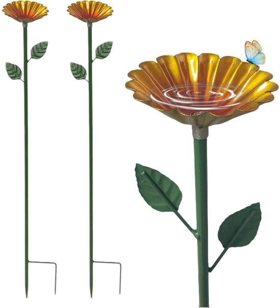 Bagni per uccelli in giardino da 65x8cm - 2x bagni per uccelli in metallo invernali, con base, fiori di rosa per uccelli selvatici e insetti (giallo)