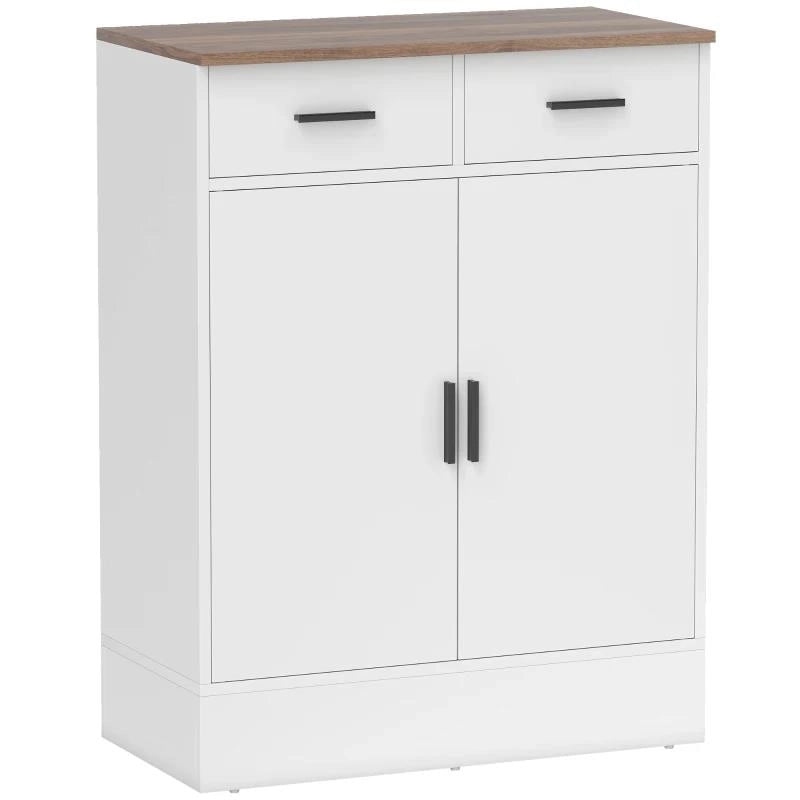 CREDENZA MODERNA 2 CASSETTI E ARMADIETTO 2 ANTE, RIPIANO INTERNO REGOLABILE, BIANCO E LEGNO