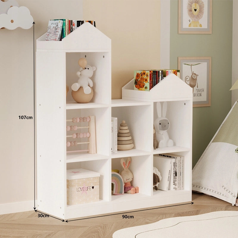 Scaffale bianco per bambini con 7 scomparti per giocattoli, libri, accessori e organizer