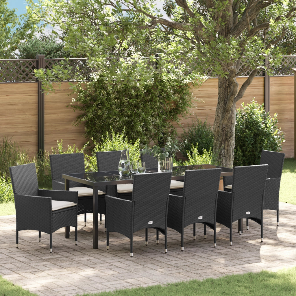 Set da Pranzo da Giardino  9 Pezzi con Cuscini in Rattan Polyrattan Nero