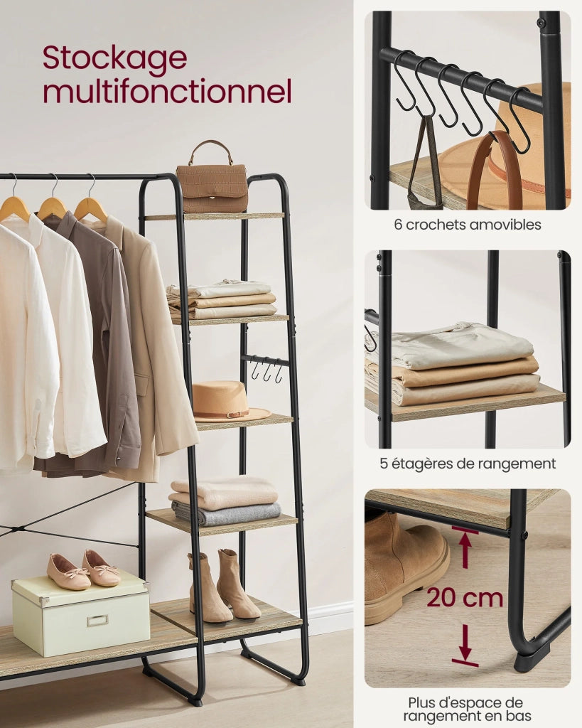 Appendiabiti indipendente scarpiera ingresso/guardaroba 45 x 120 x 160 cm con 5 ripiani portaoggetti e 6 ganci per camera da letto soggiorno corridoio stile industriale marrone 12_0007095