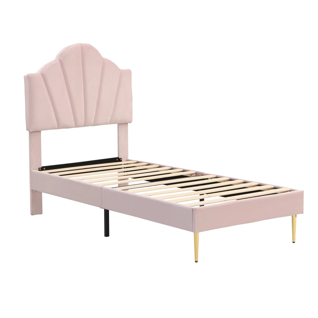 Letto imbottito in velluto rosa 90x200 cm con testiera regolabile, rete a doghe in legno e gambe in ferro dorato