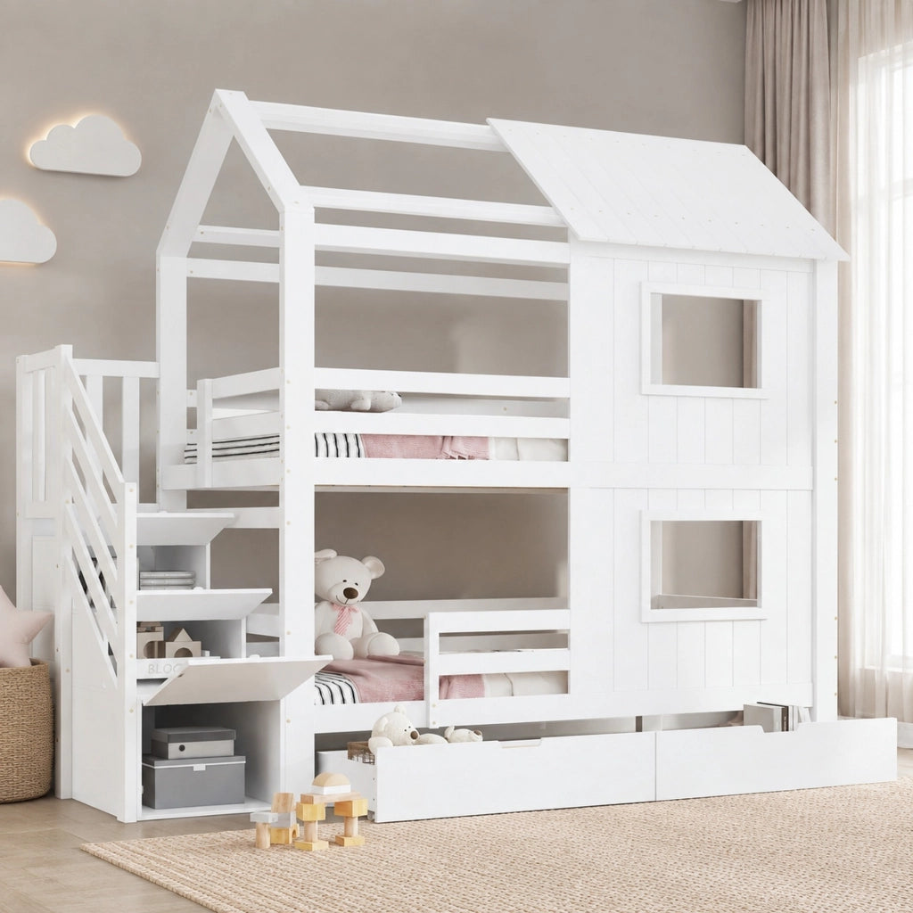 Letto a castello per bambini bianco con scala contenitore