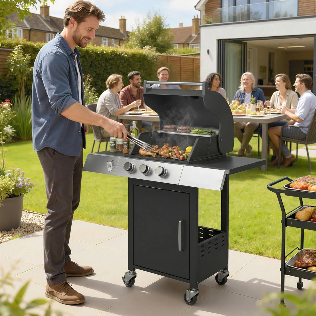 Barbecue a Gas 3 Bruciatori 8.1 kW con Termometro Griglia Armadio e Ruote ¨C Zephmum ¨C 109x50x109 cm Nero