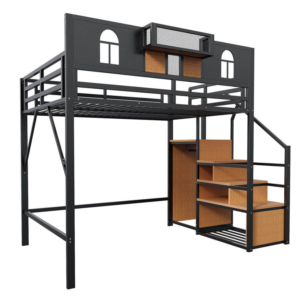 Letto a soppalco 140x200 cm con scaletta contenitore e mensola in metallo nero