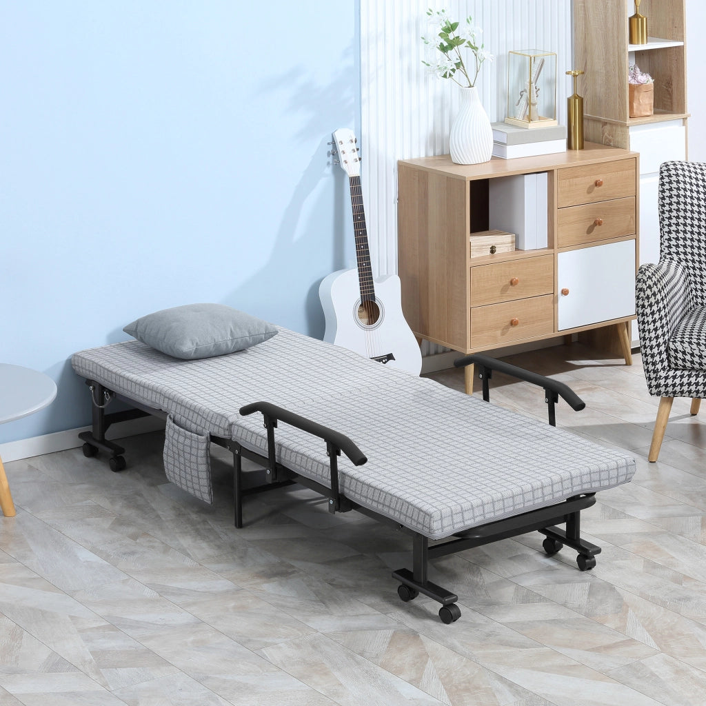 Letto pieghevole con schienale regolabile e braccioli ¨C zephmum ¨C grigio chiaro e nero, struttura in acciaio, 190x76x33 cm