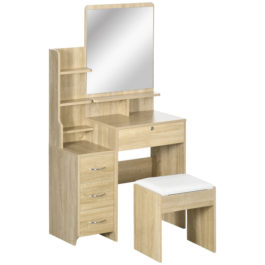 Scrivania da Trucco con Specchio, Sgabello e Cassetti ¨C Zephmum ¨C Legno