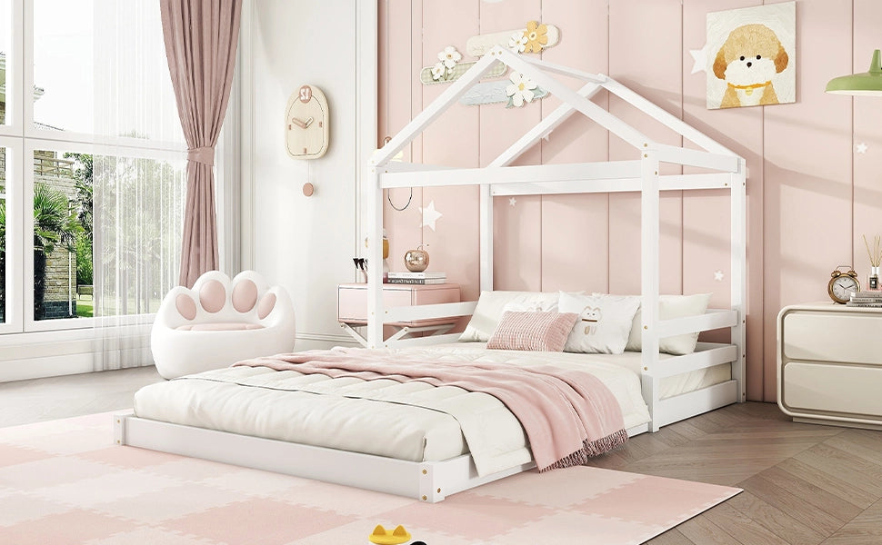 DESMIU Letto a casetta Letto bambino 140 × 200 cm 2 posti, basso, senza materasso, in pino e MDF, bianco