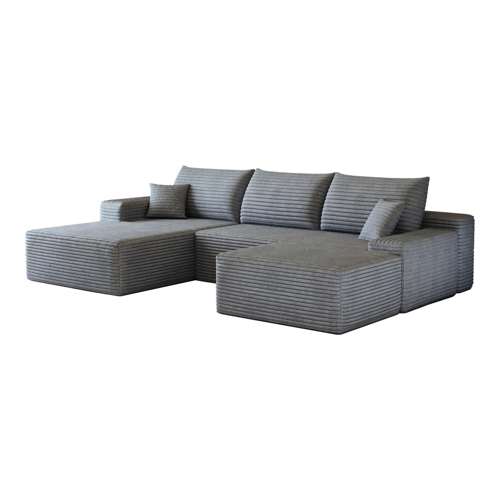 Divano angolare modulare con chaise longue a L e seduta profonda in tessuto grigio