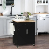 Carrello da Cucina con Cassetto e Armadietto 2 Ante, Ruote e Barra Laterale, 83x45x91.5cm, Nero