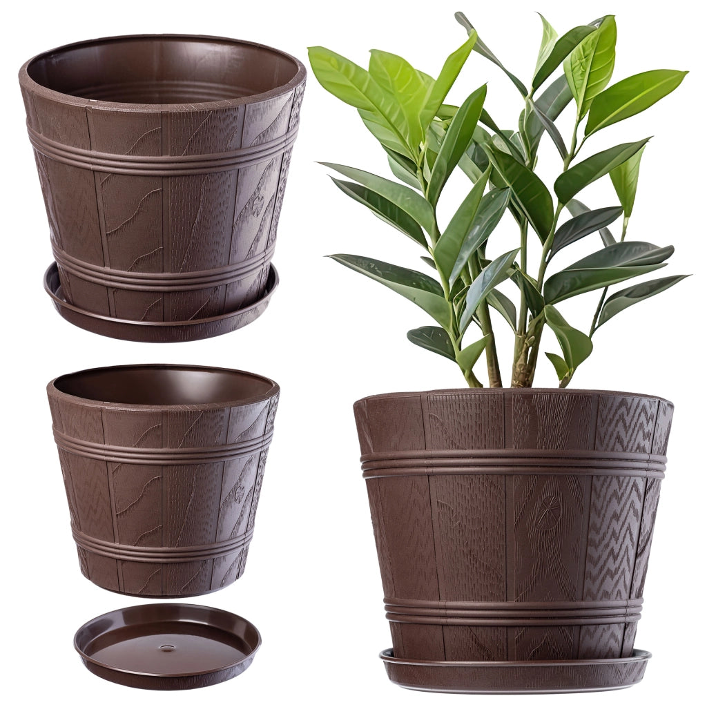 Vaso da fiori KADAX da 26 cm con coperchio effetto legno e supporto in plastica.