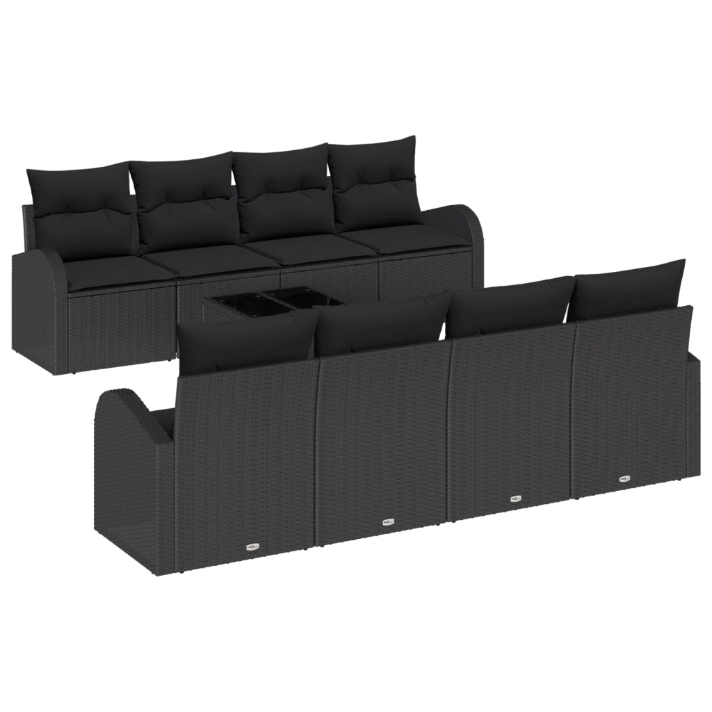 Set divano giardino 9 pezzi con cuscini neri polyrattan