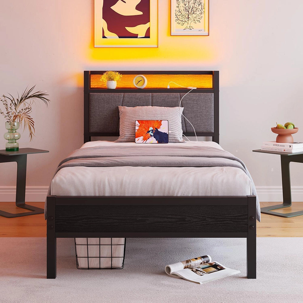 Letto 90x200cm LED - Xylo - USB testiera metallo facile montaggio