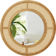 Specchio da parete in rattan con cornice in legno, Specchio decorativo rotondo bohemien da parete 65 x 65 cm-Specchi da parete