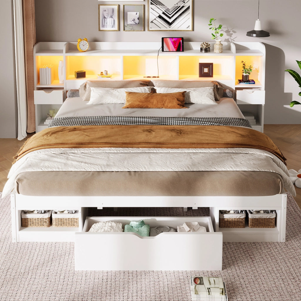 Letto matrimoniale a piattaforma 180x200 cm con vani e cassetti; LED bianco