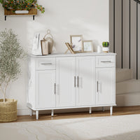 Credenza Buffet Elegante 120x38x86 cm con 2 Cassetti e 3 Armadietti in Legno Bianco