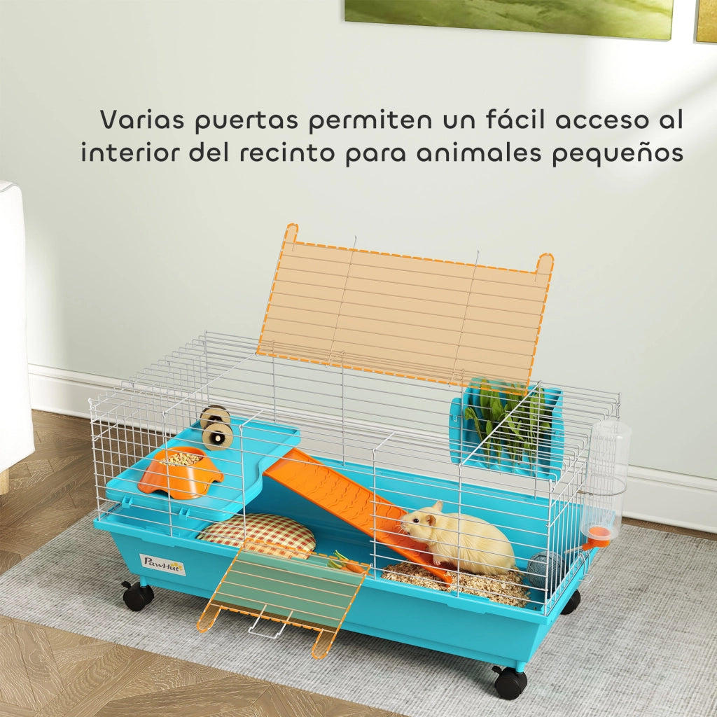 Gabbia con Ruote per Piccoli Animali ¨C Xylo ¨C Blu 89x44x43 cm con Bottiglia Mangiatoia