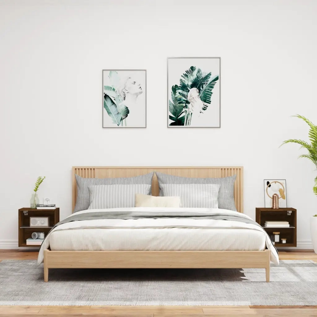 Set di 2 Comodini | Armadio da Notte | Mobiletto da notte con Luci LED a Parete Rovere Marrone