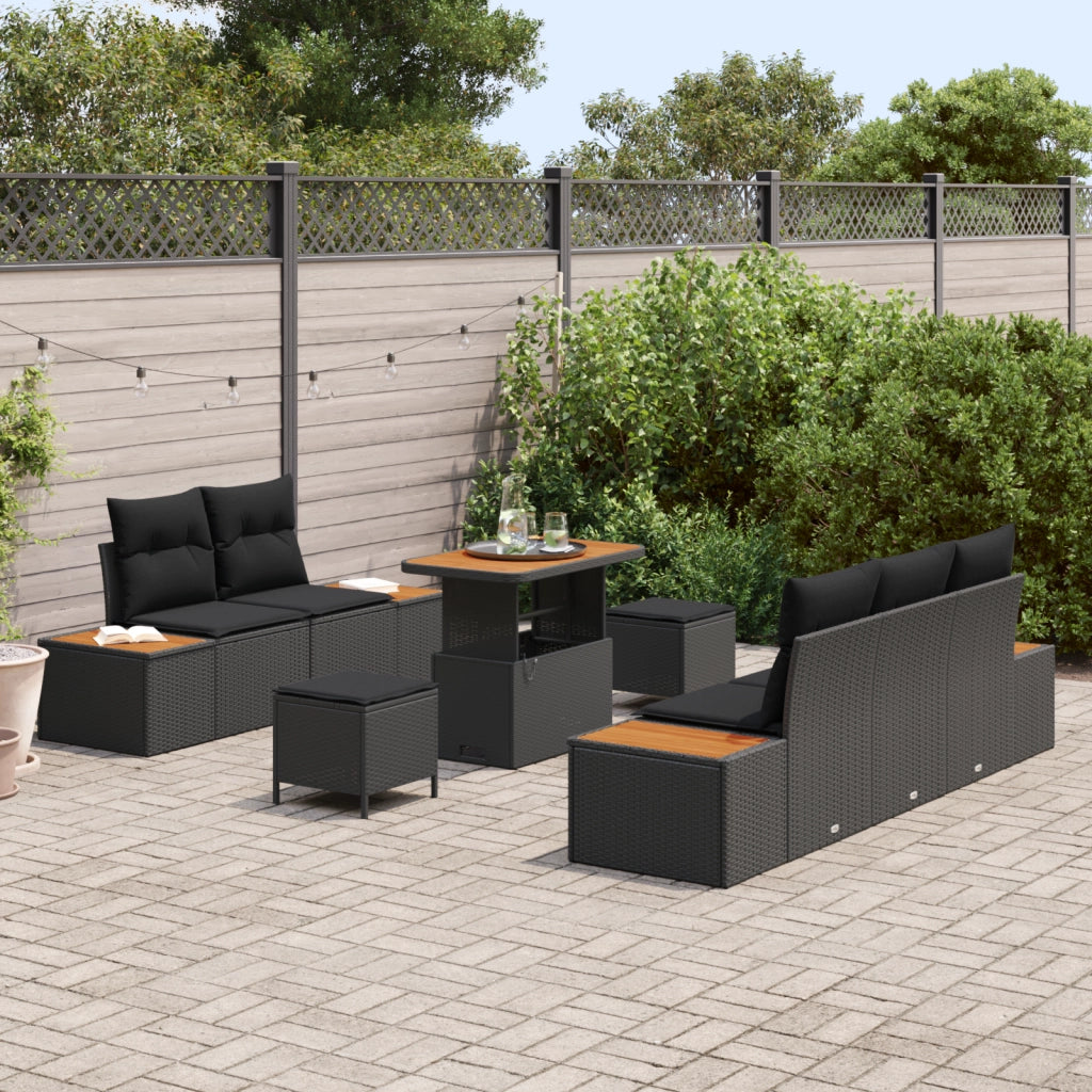 Set di divani da giardino  8 pezzi con cuscini neri in rattan acacia