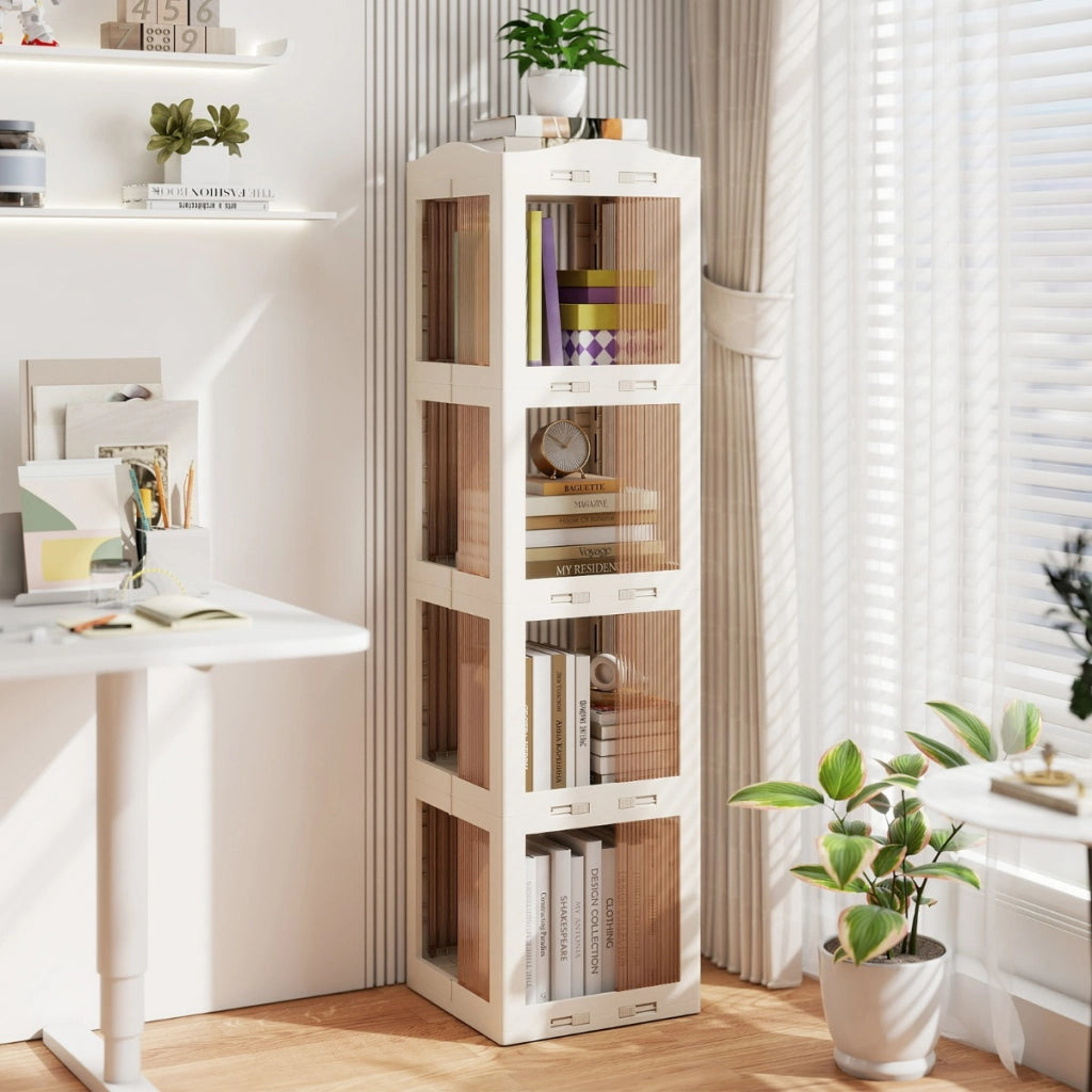 Libreria girevole pieghevole a 4 livelli per soggiorno e studio, Scaffale girevole a 360¡ã con base rotante per esposizione Bianco-Librerie