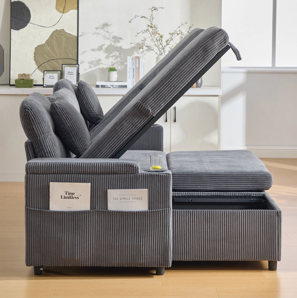 Divano 4 posti con doppia chaise longue; contenitore; portabicchieri e USB-C; 272x136x86 cm; grigio carbone