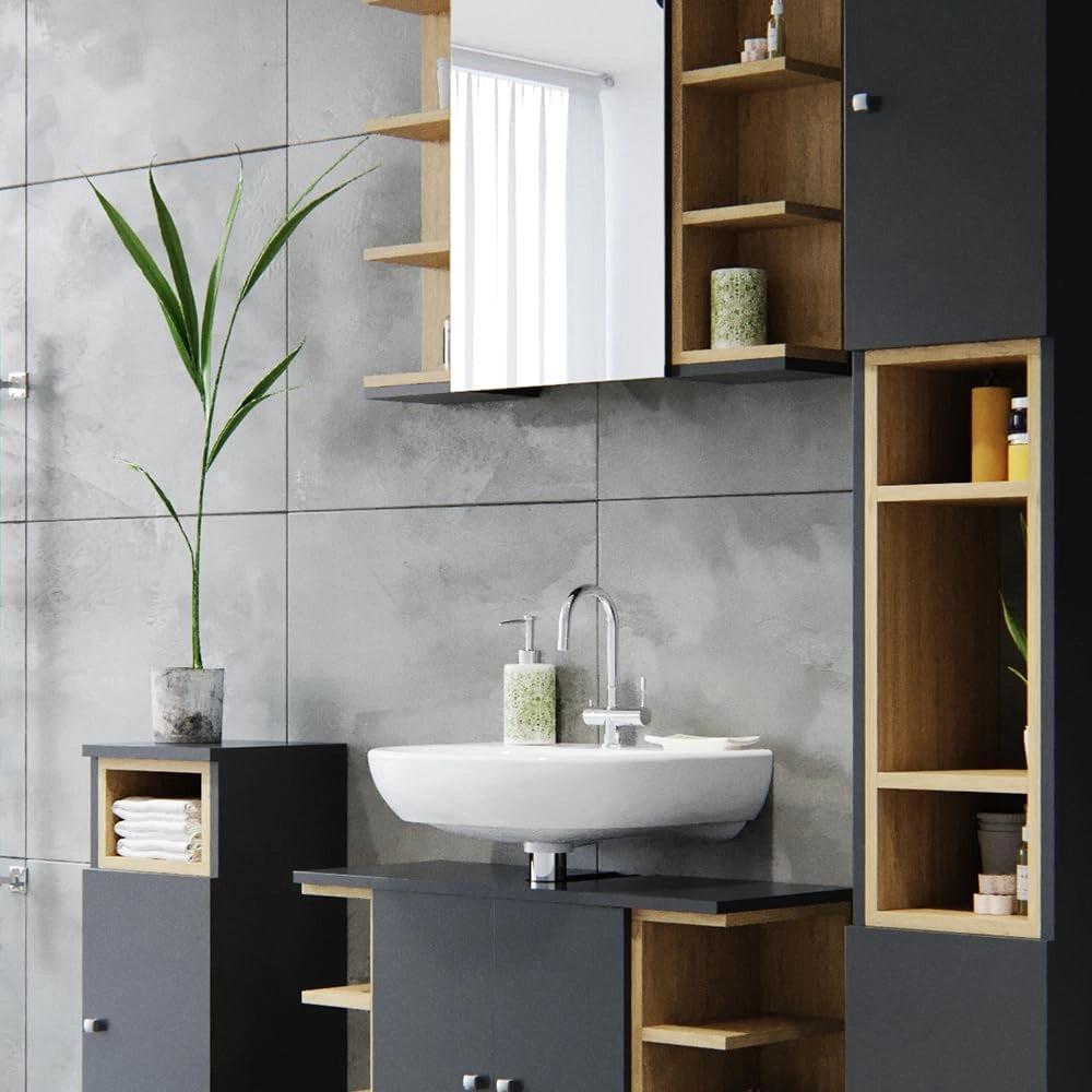 Set mobili bagno Aquis, Antracite, 79.6 cm, composto da specchio da bagno e mobile sottolavabo