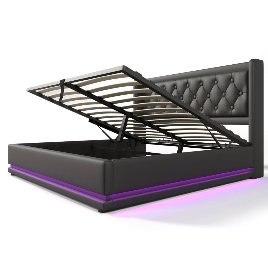 Letto matrimoniale 160x200 cm in PU nero con contenitore; testiera imbottita; LED e USB-C
