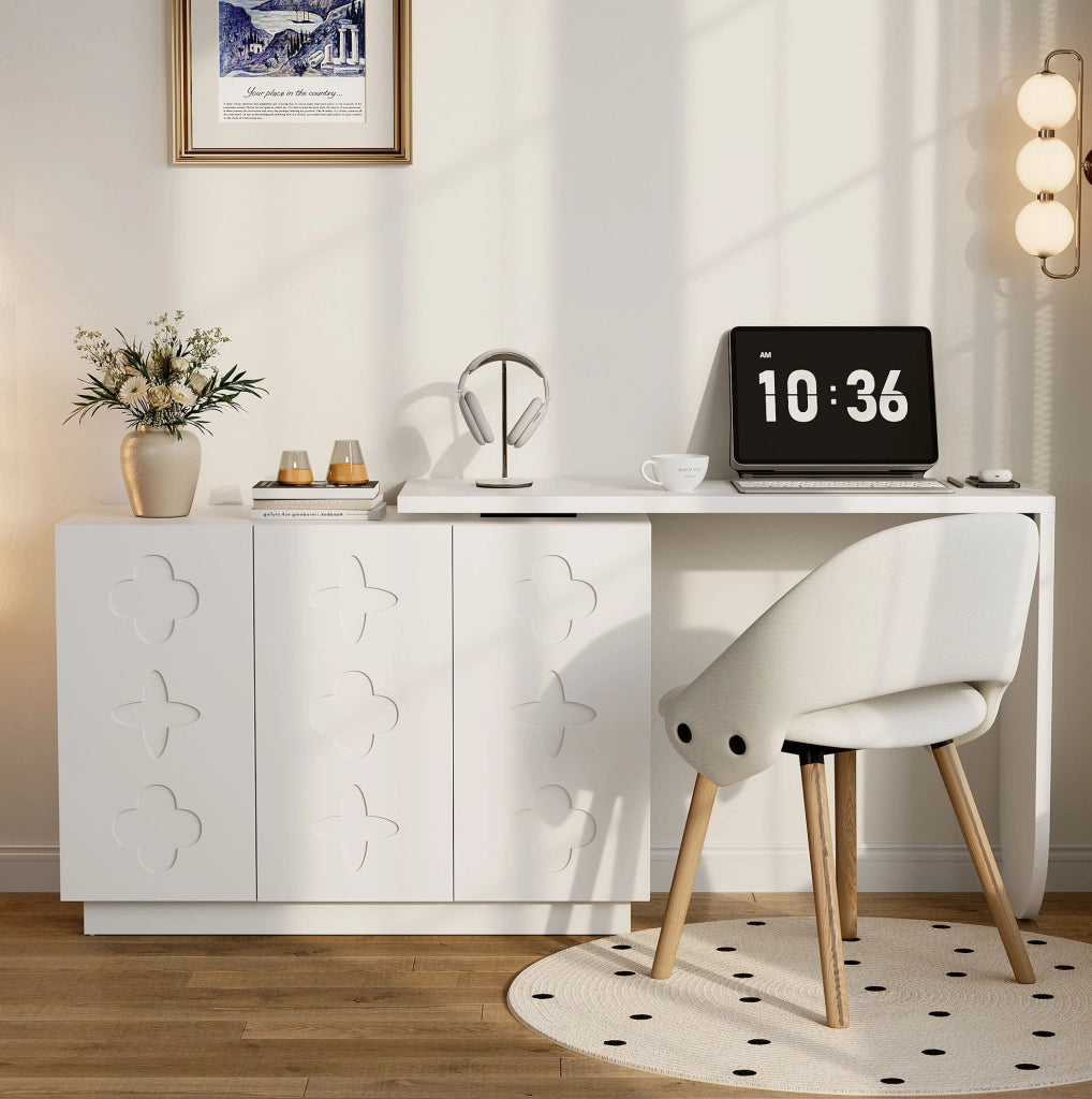 Scrivania angolare girevole a L 110 cm in MDF bianco con mobile contenitore