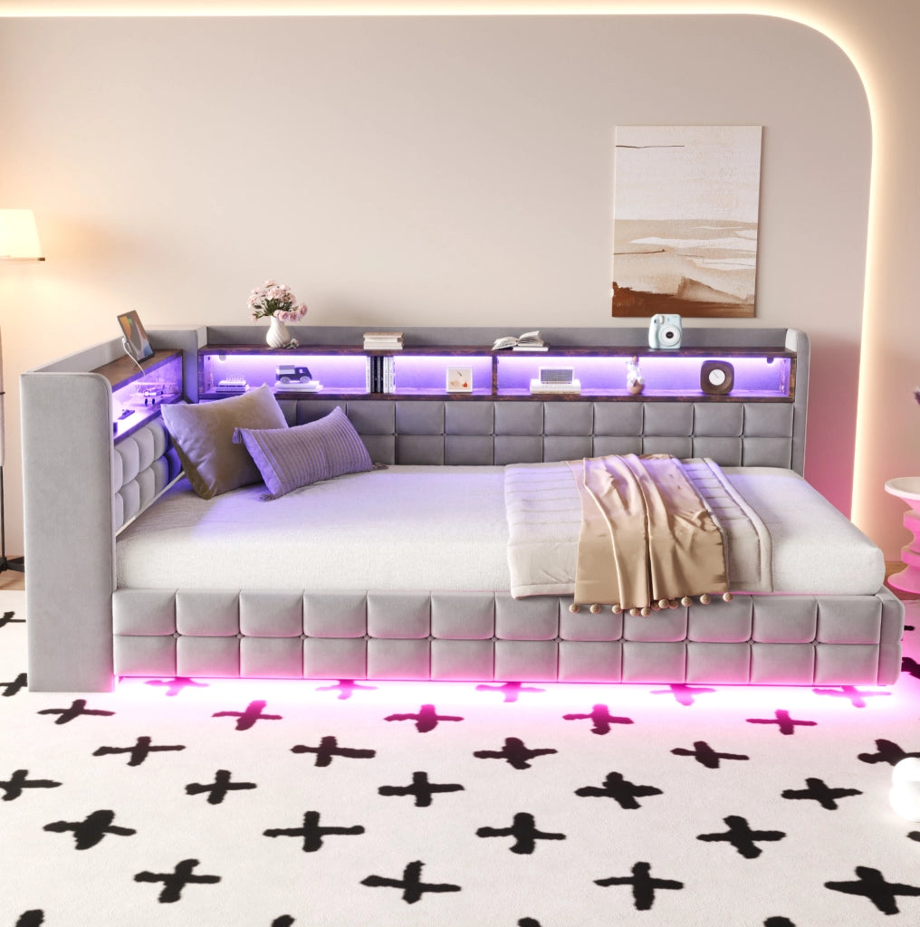 Divano letto imbottito 90x200 cm con contenitore idraulico; LED; USB e Type-C; grigio chiaro