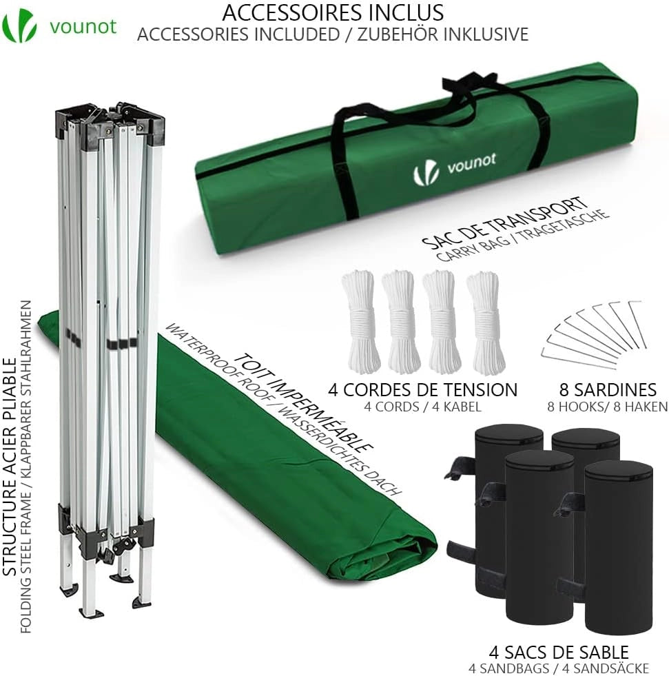 Gazebo Pieghevole da Giardino 3x3 M, Mercato Tenda Pop up con 4 Sacchi di Sabbia di Peso e Sacca di Trasporto, Verde