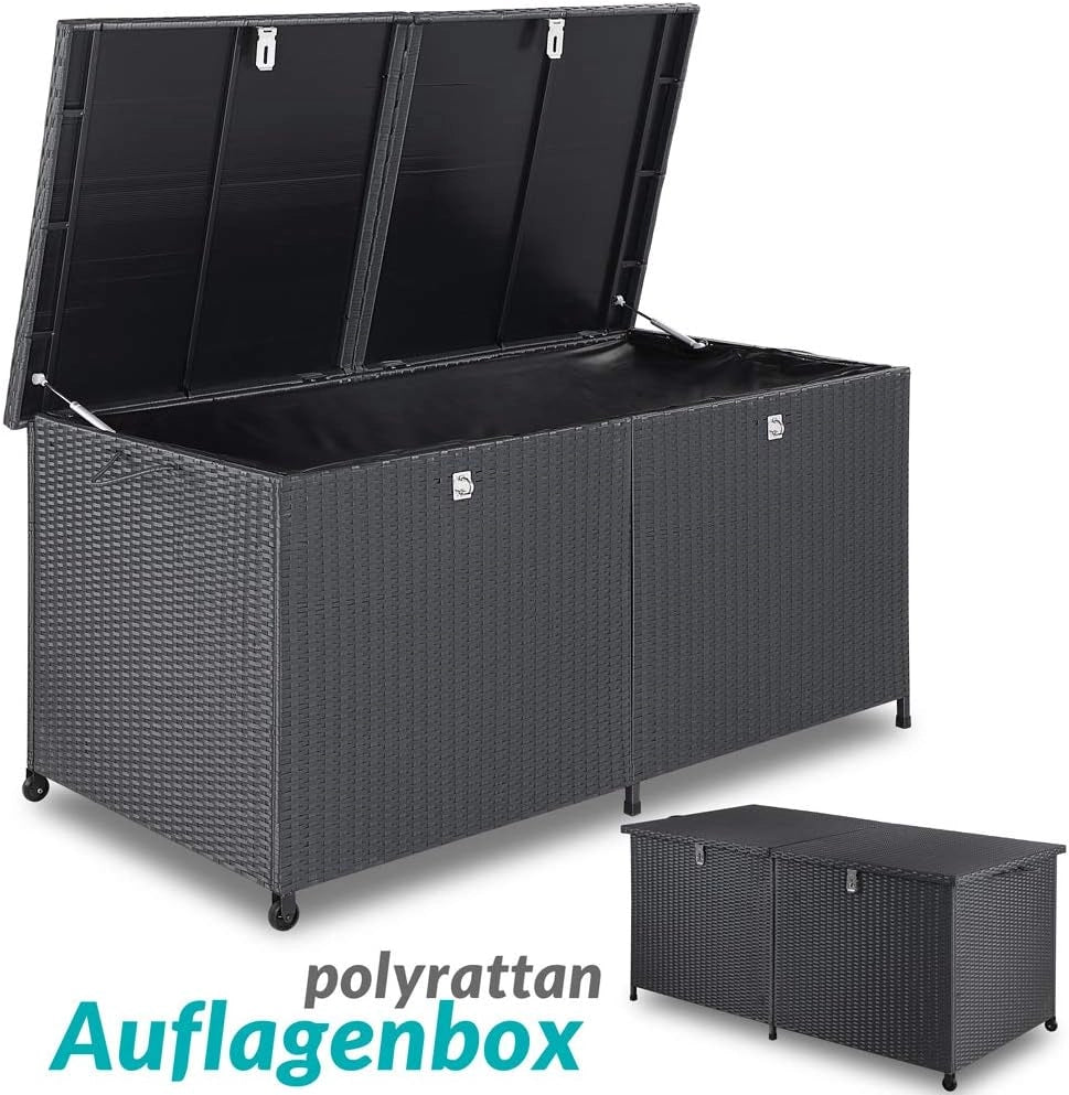 ® Baule da Giardino XXL 625L 150x77x73 cm Polyrattan con Ruote Impermeabile Fodera Interna Box Multifunzione