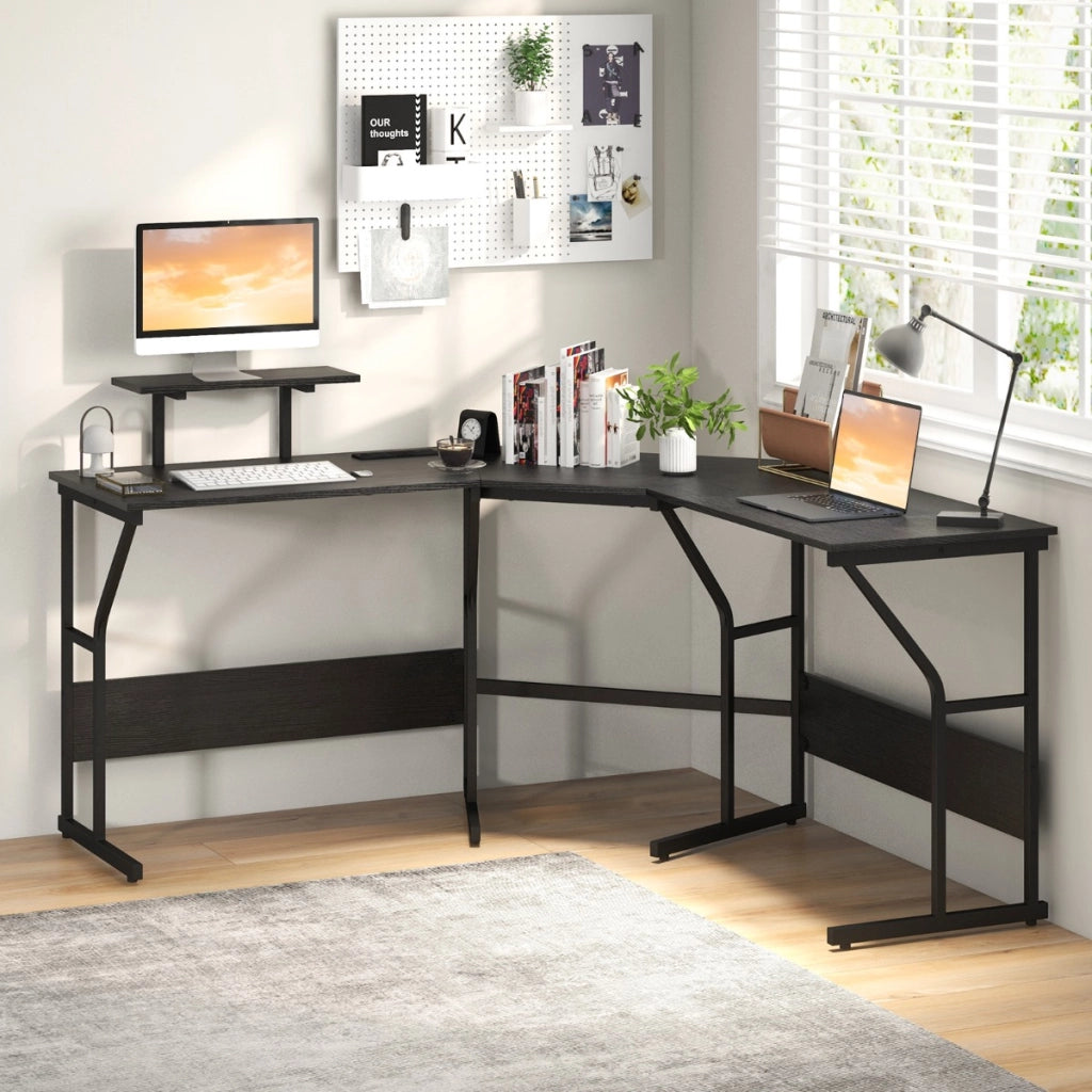 Scrivania ad angolo a forma di L con presa elettrica, Scrivania per computer con supporto monitor movibile da 225cm Nero-Scrivanie