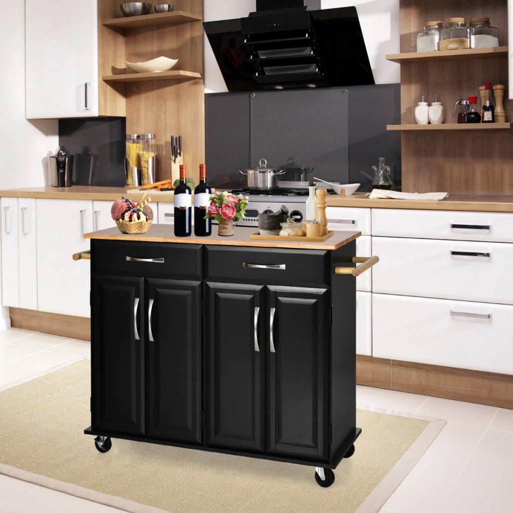 Carrello da cucina con piano di lavoro in legno di gomma 4 ante ripiani regolabili-Scaffale-Carrello porta utensili Nero