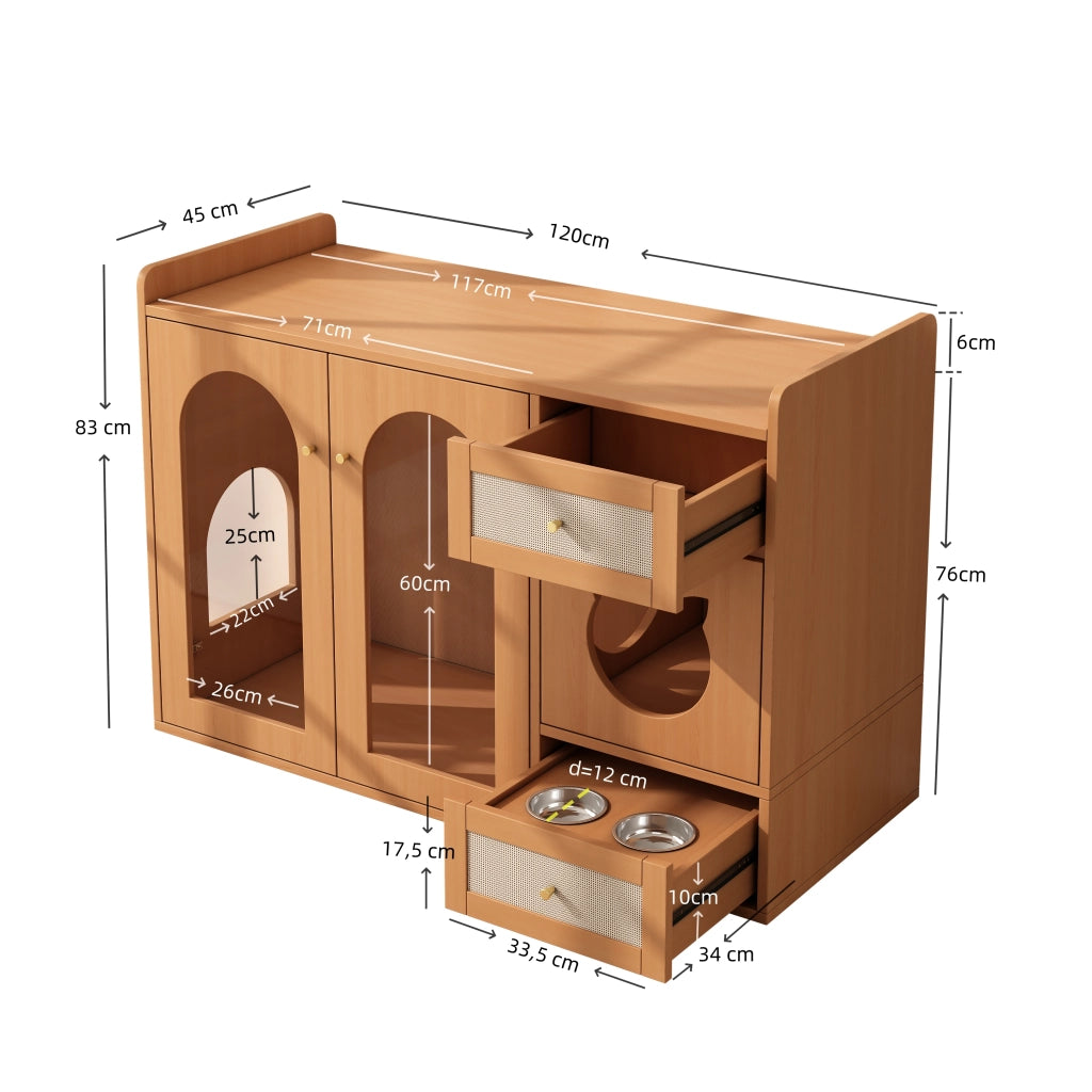 Mobile coperto per lettiera per gatti 5 in 1 con vano riposo e cassetto ciotole, in MDF e vetro, noce, 120 × 45 × 76 cm