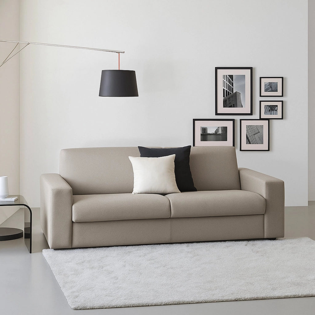 Divano fisso Azzurrite, Divano a 2 posti, Made in Italy, SofÒ  Soggiorno in tessuto imbottito, con Braccioli standard, cm 180x95h90, Tortora