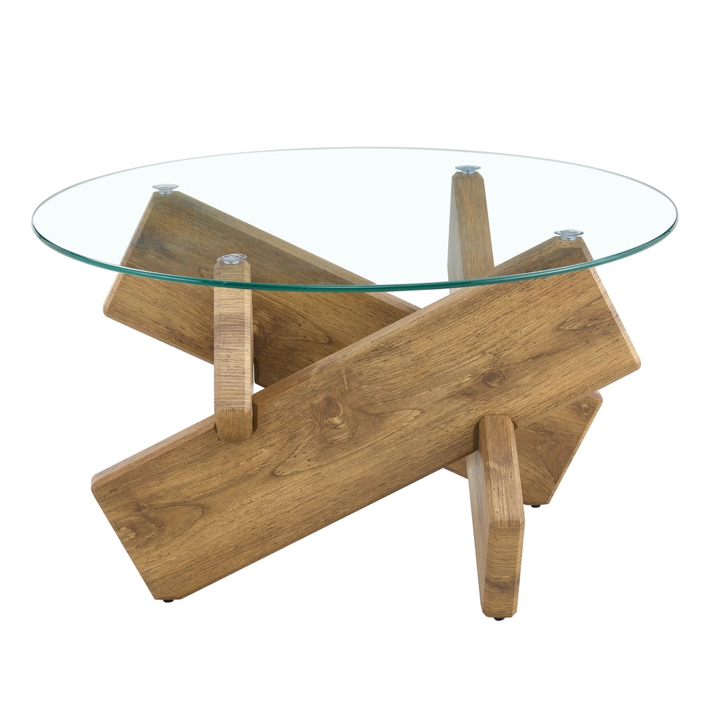 Tavolino basso rotondo con piano in vetro temperato e base a croce in MDF effetto legno diametro 79 cm