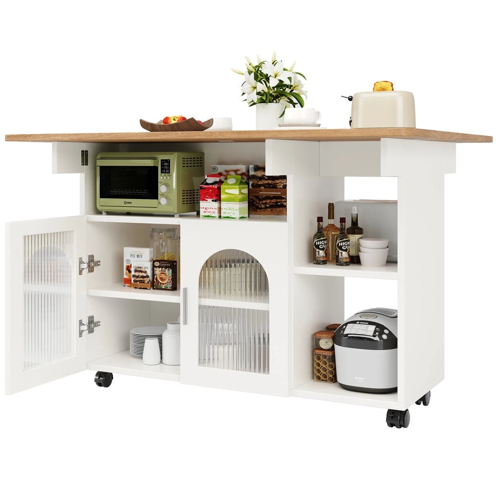 Isola Cucina Multifunzionale con Buffet e Ruote ¨C Xylo ¨C Bianco, Legno, Piano Estraibile