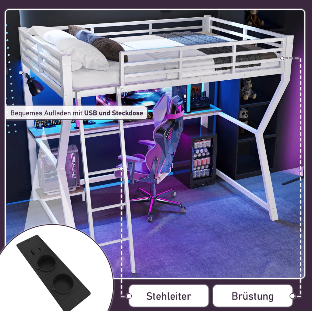 Letto a soppalco 90x200 cm con scrivania; LED; presa USB e scala; bianco