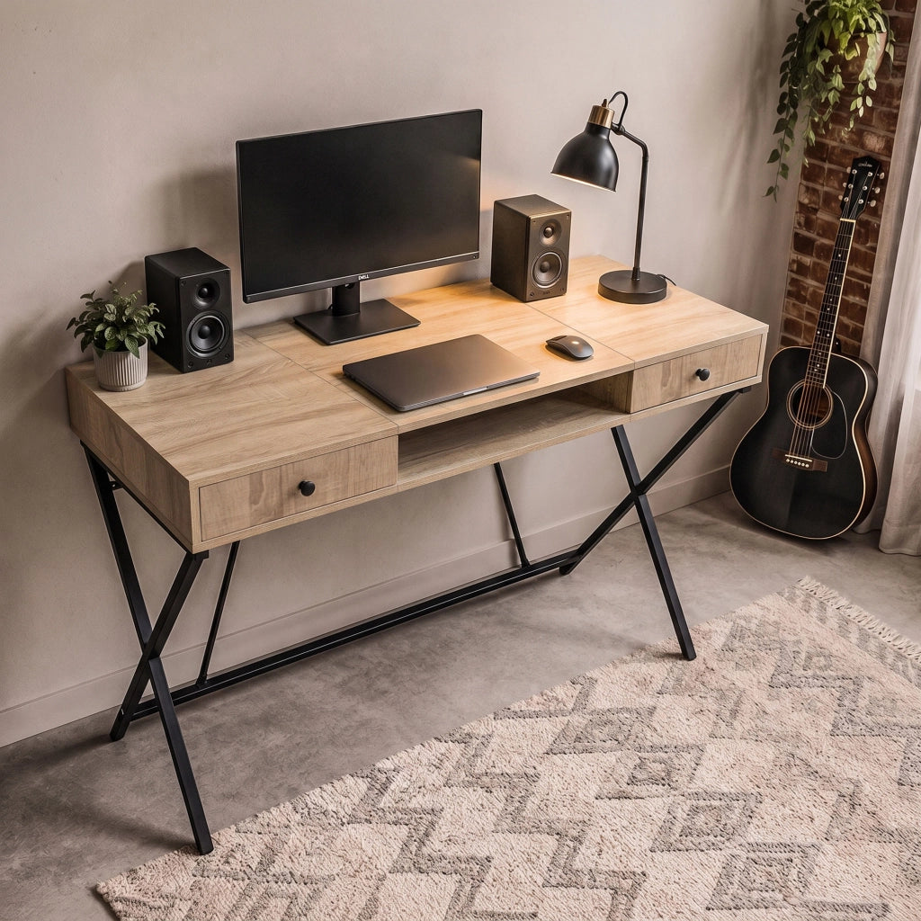 Scrivania PC industriale Rovere Sonoma CROSSLINE 120 cm 2 cassetti 1 ripiano gambe nere