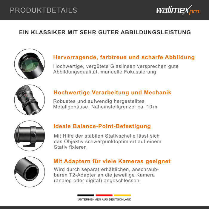 Obiettivo fotografico 500/8,0 per fotocamere varie, Teleobiettivo per full-frame e APSC, con diaframma a iride, per fotocamera DSLR