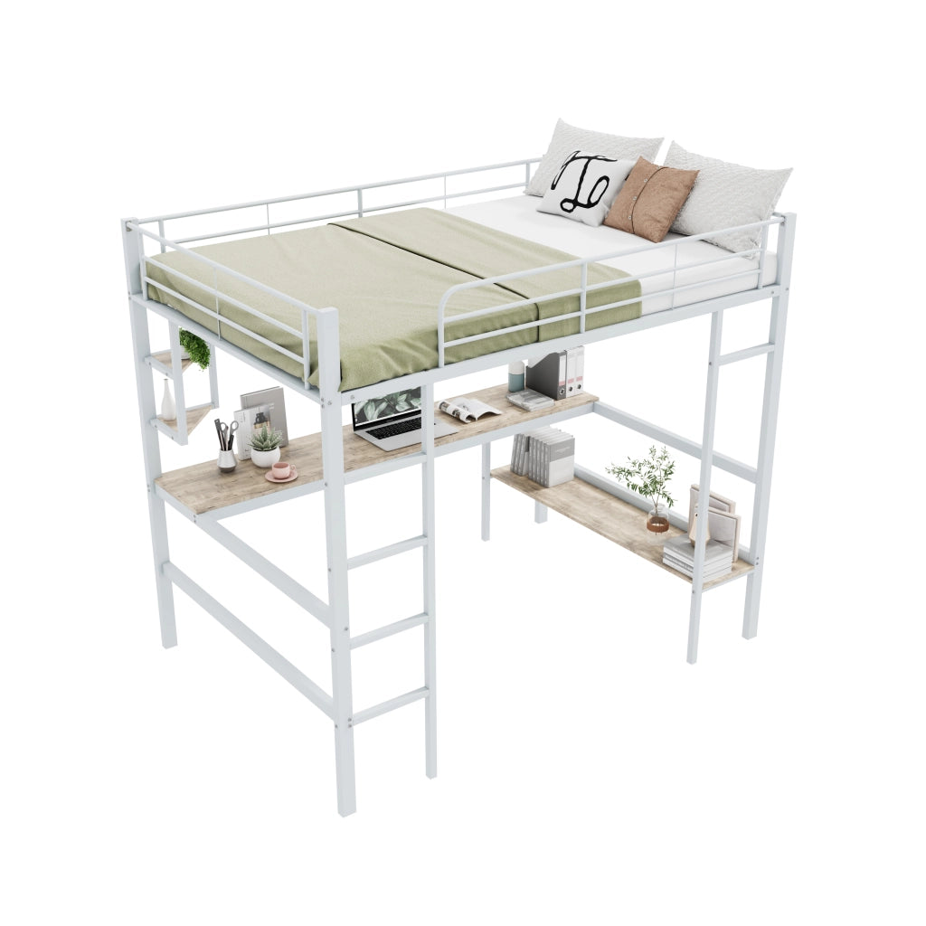 OKWISH Letto a Soppalco 140×200 cm, Letto Matrimoniale con Scrivania, 4 Mensole e Libreria, senza Materasso, in Metallo e MDF, Bianco