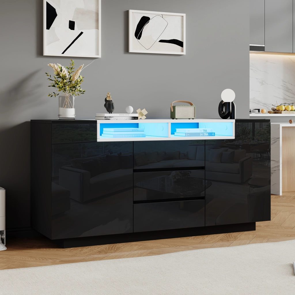 Credenza con 2 ante e 3 cassetti; illuminazione LED; per soggiorno; 140x40x68 cm; nera