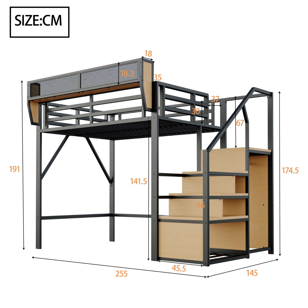 Letto a soppalco 140x200 in metallo con scala di sicurezza e ripiano flessibile, nero