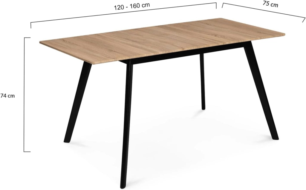 INGA Tavolo rettangolare allungabile scandinavo 4-8 persone piano in legno gambe nere 110-150 cm