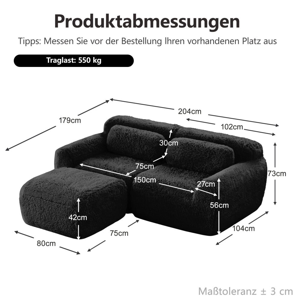Divano modulare angolare 2 posti a L 204x179x73 cm in tessuto plush nero; senza montaggio