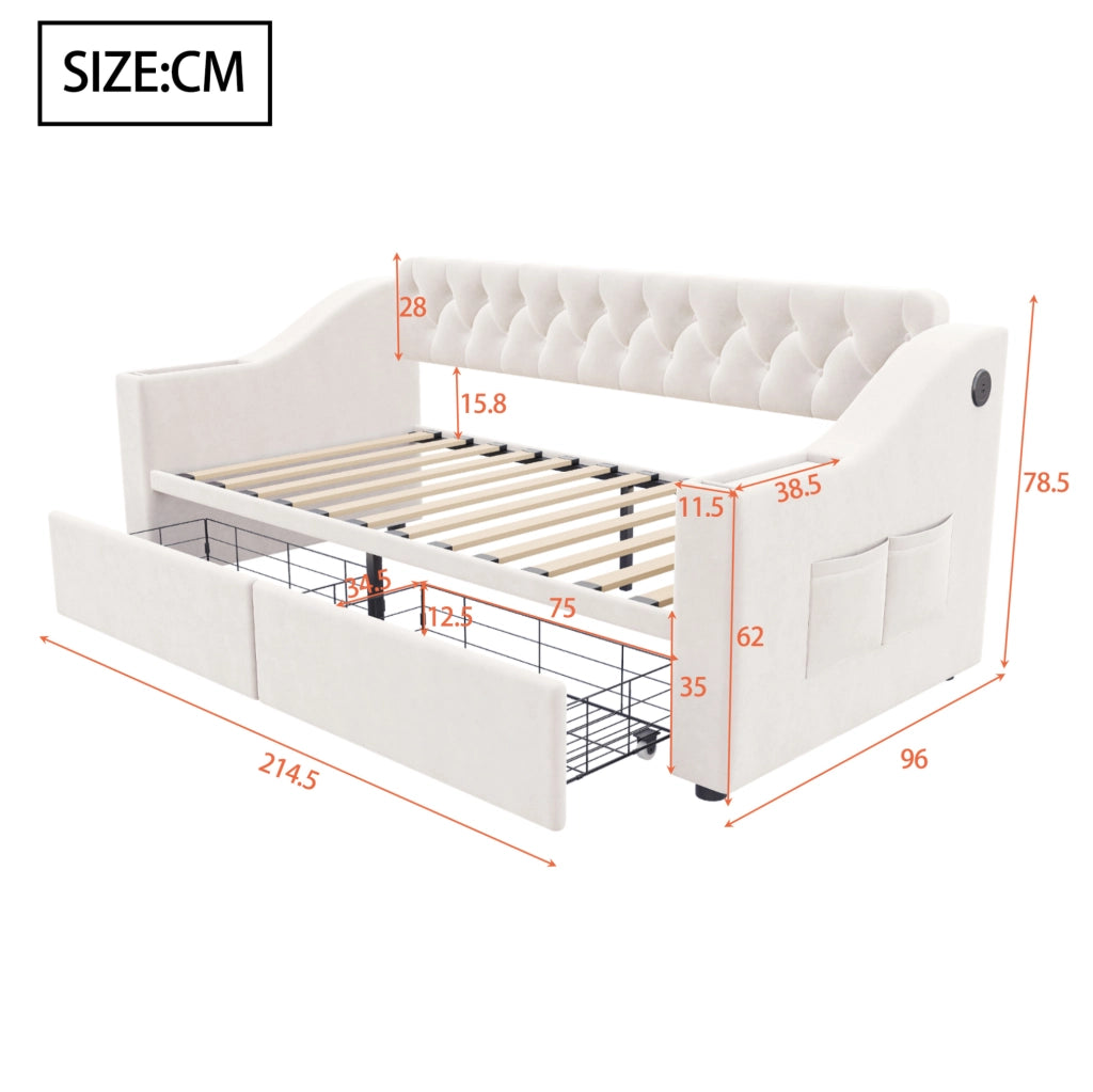 Divano letto imbottito 90x190 cm in velluto beige con cassetti contenitore e porte USB