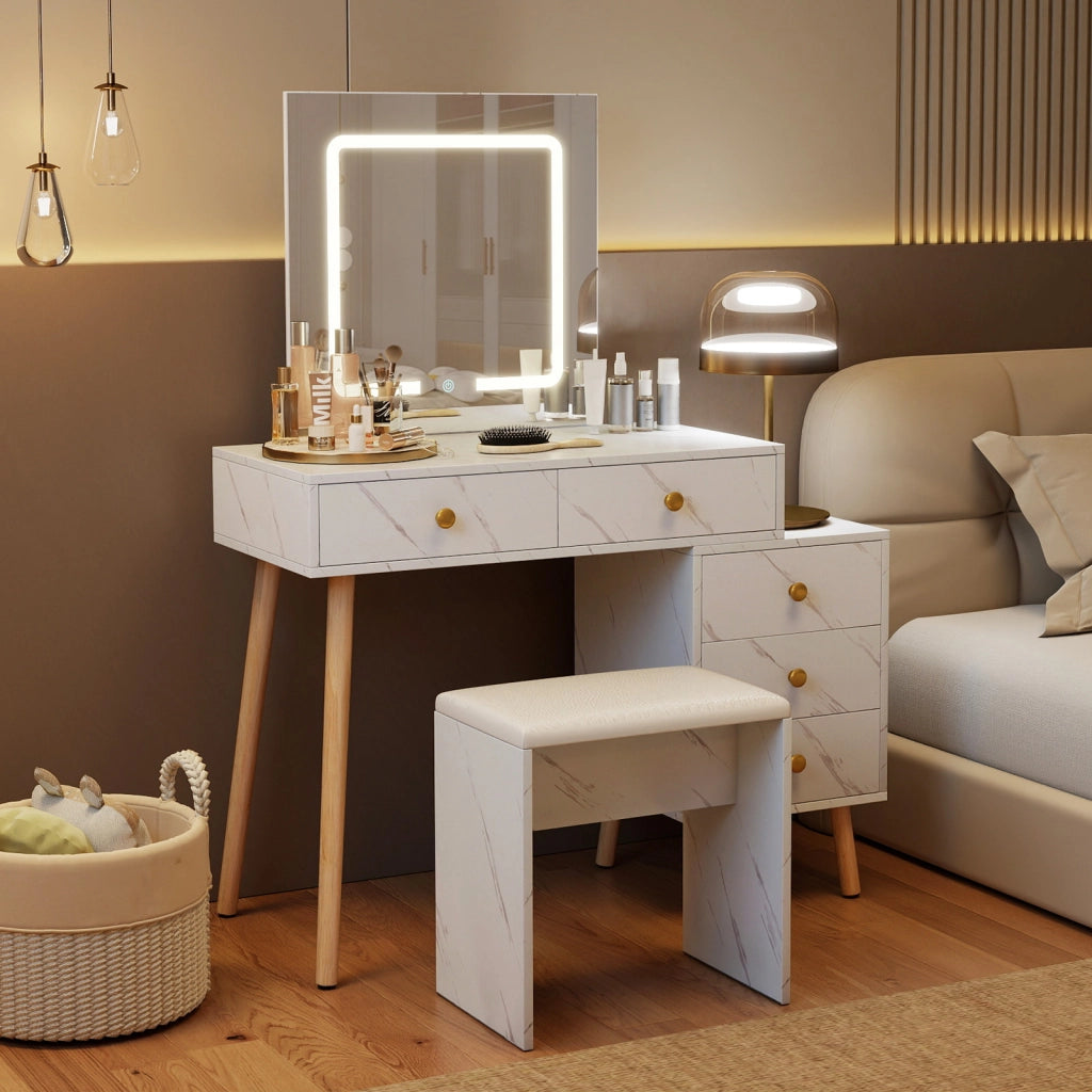 Toeletta con specchio e luci regolabile 5 cassetti finta marmo legno-Set tavolo trucco sgabello morbido imbottito moderno