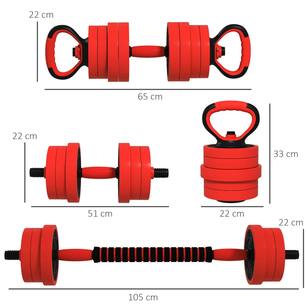 Set Pesi da Palestra 4 in 1 da 30kg Convertibile in Kettlebell 2 Manubri Bilanciere e Supporto Flessioni Rosso