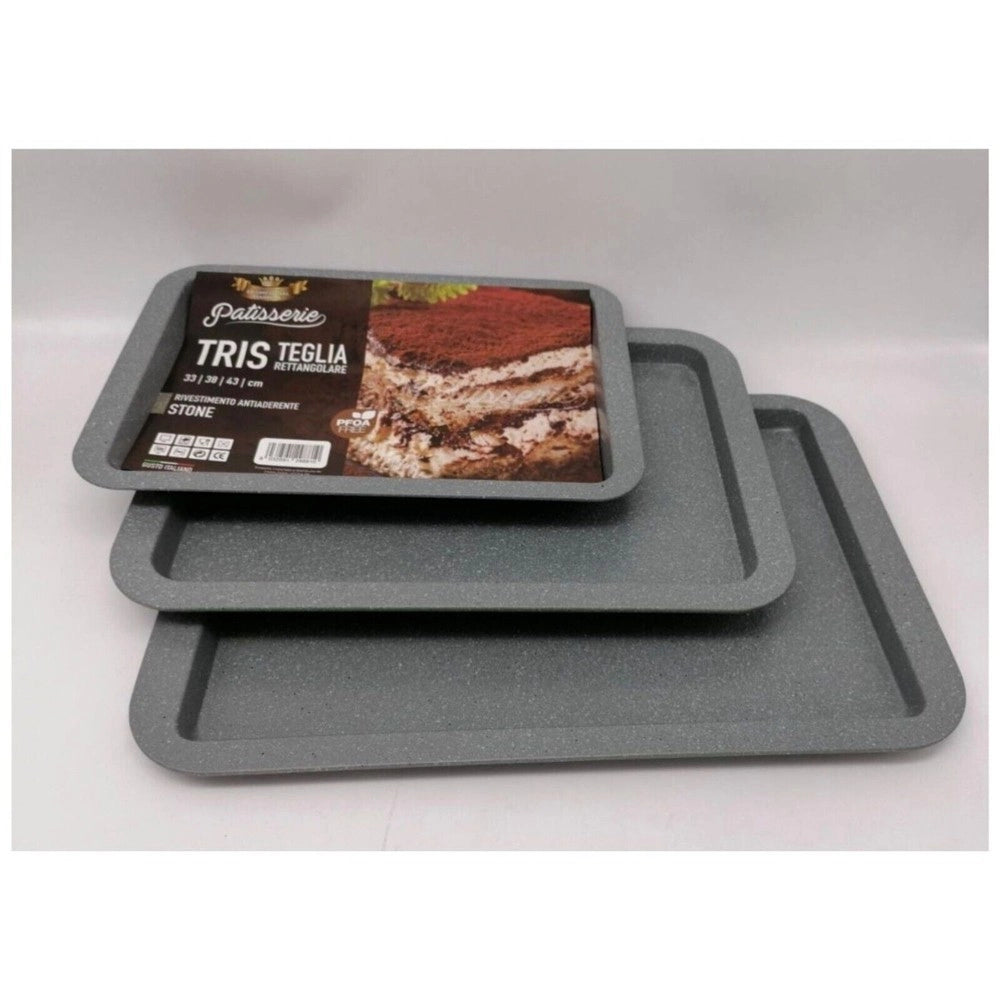 Trade Shop - Tris 3 Teglie Rettangolari Antiaderenti Rivestimento Stone 33/38/43 Cm Da Forno -